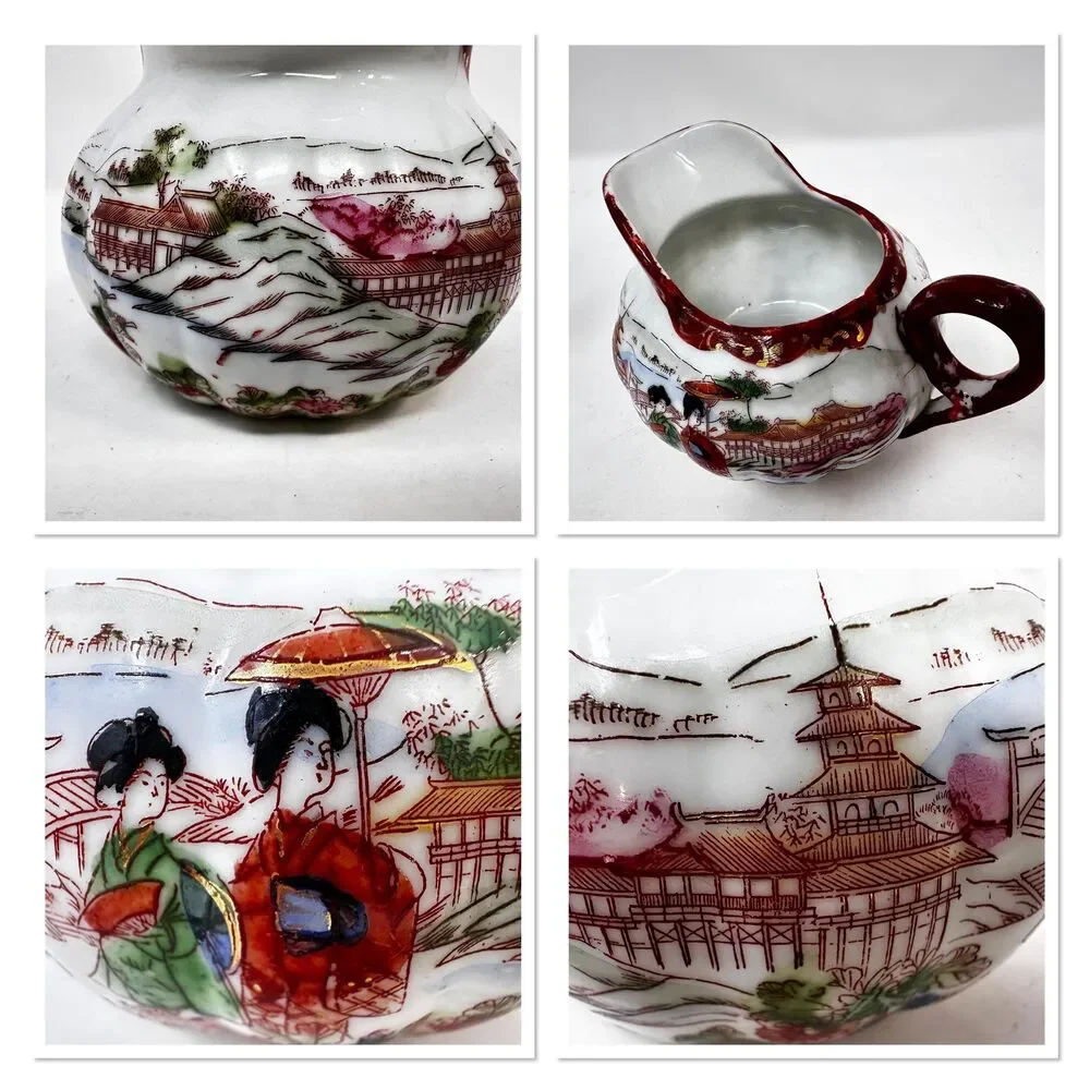 Vintage Japanese Geisha Girl Porcelain Creamer Sugar Bowl Mismatched Lot 6pc